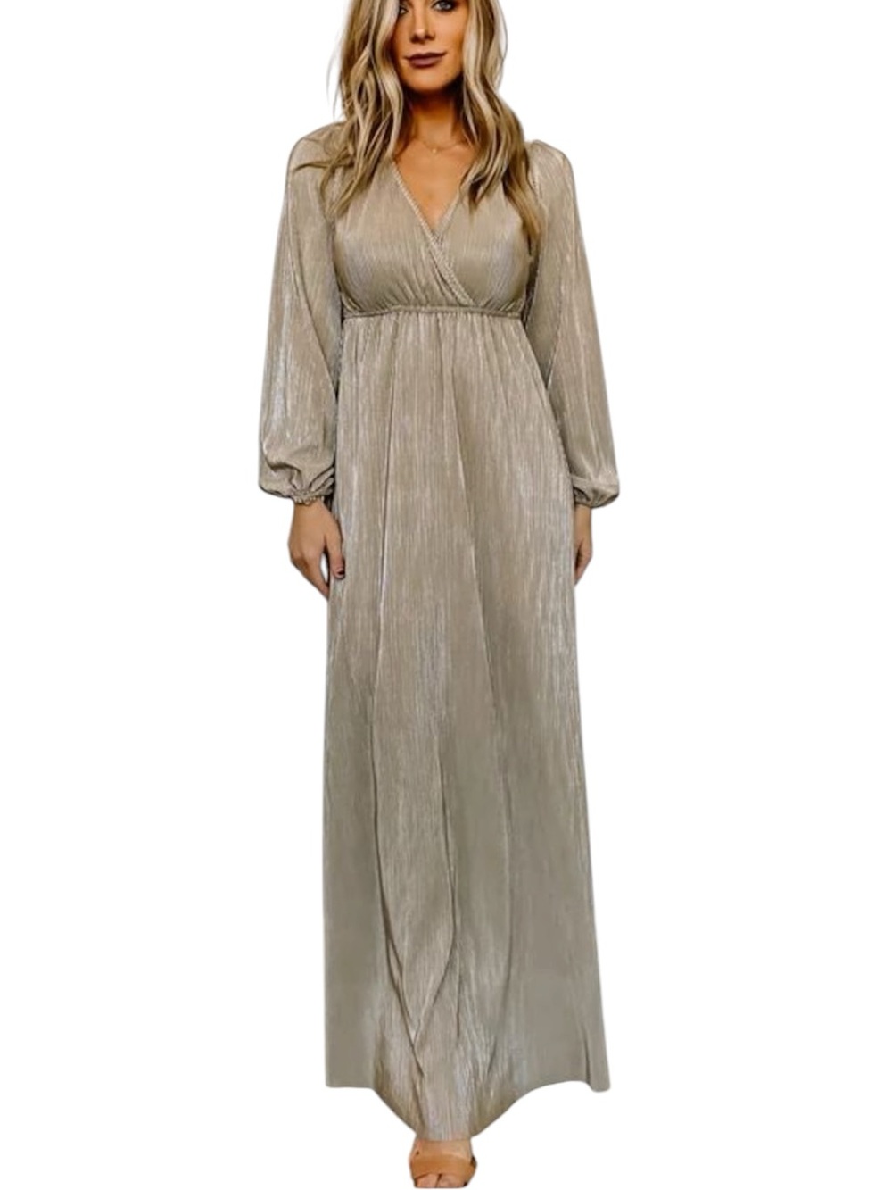 Baltic Born Venus Pleated Long Sleeve Maxi Dress Champagne Formal Wrap S